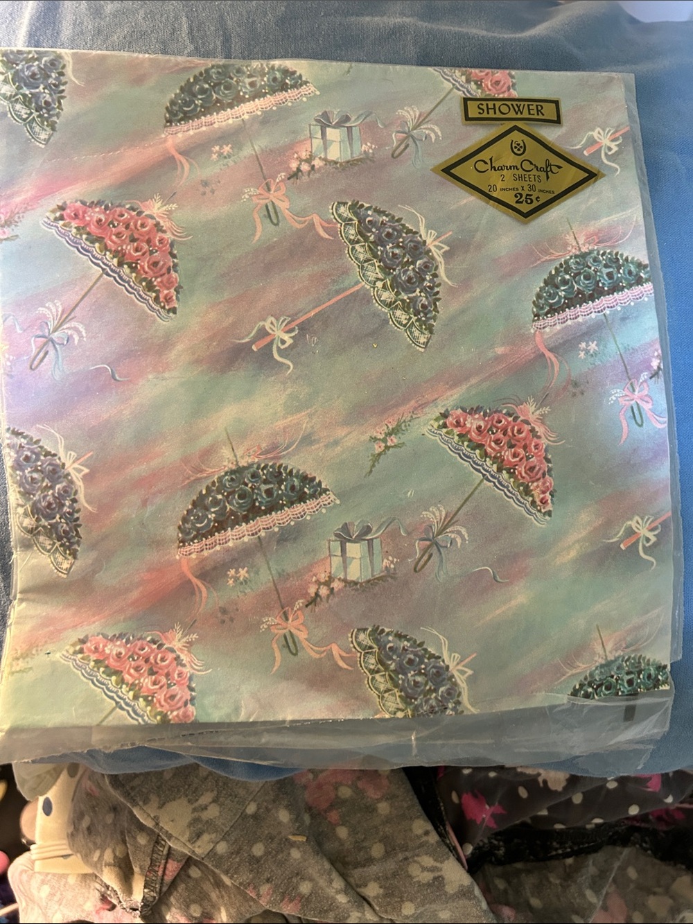 Vintage shower Charm Craft Decorative Gift wrap Pastel Pink & Blue Umbrella nip
